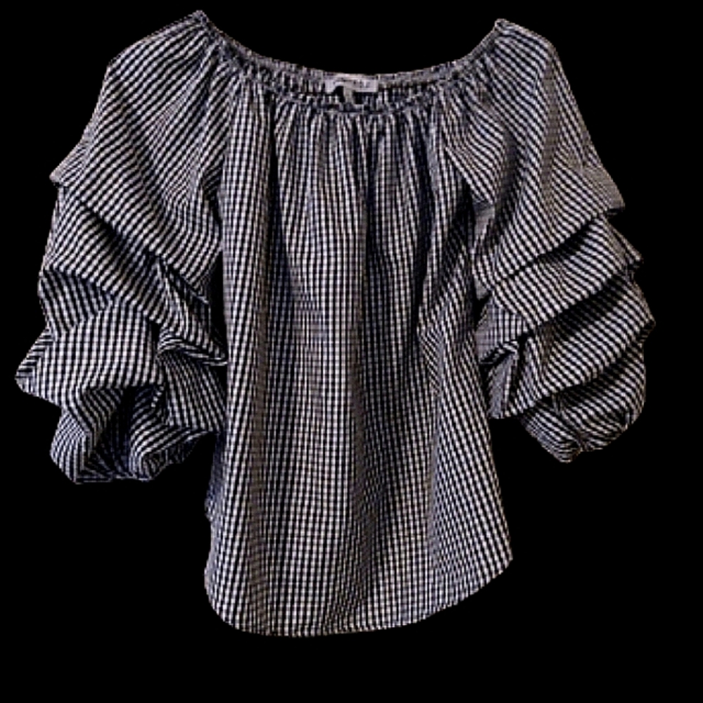 KONTROL Checkered Off the Shoulder Puff Sleeve Top Size Small